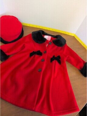 Adorable Girls Sophie Rose Fleece Red Dress Coat w/Black Trim & Hat, Sz18 Mos